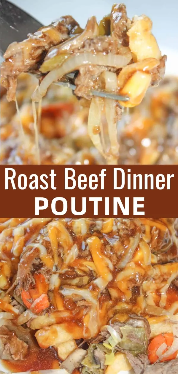 Roast Beef Dinner Poutine is a delicious weeknight dinner recipe. Crispy french fries are topped with shredded roast beef, veggies, shredded cheese, cheese curds and gluten free gravy.