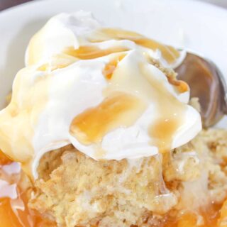 As summer days wind down it is time for a dessert with fresh peaches.  Gluten free Peach Cobbler uses seasonal fruit blended with pure maple syrup and finished off with a cake like topping.