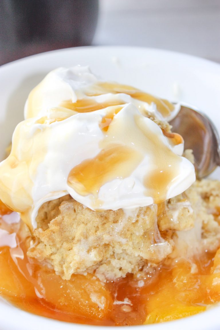 As summer days wind down it is time for a dessert with fresh peaches.  Gluten free Peach Cobbler uses seasonal fruit blended with pure maple syrup and finished off with a cake like topping.