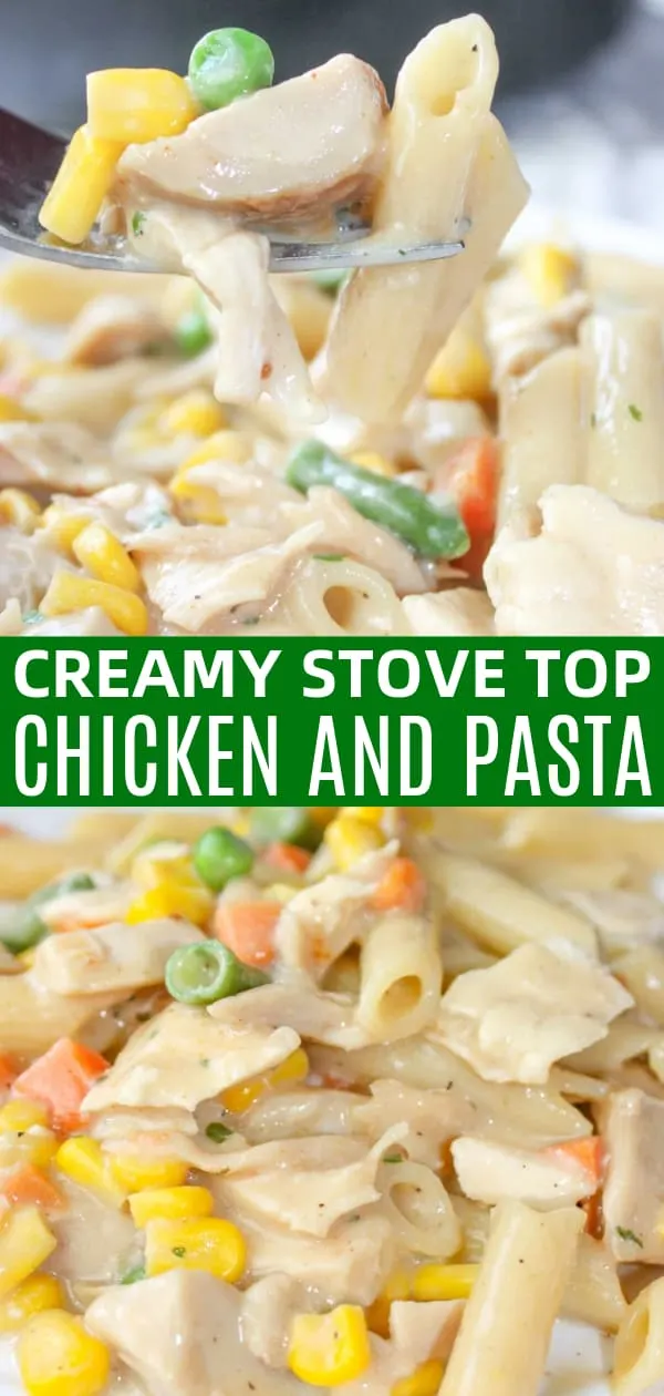 Creamy Stove Top Chicken and Pasta is an easy gluten free dinner recipe. This stove top pasta is loaded with mixed vegetables and chunks of chicken all in a creamy gravy sauce.
