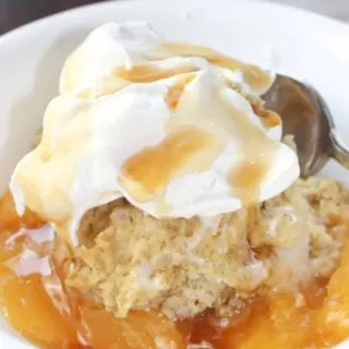 As summer days wind down it is time for a dessert with fresh peaches.  Gluten free Peach Cobbler uses seasonal fruit blended with pure maple syrup and finished off with a cake like topping.
