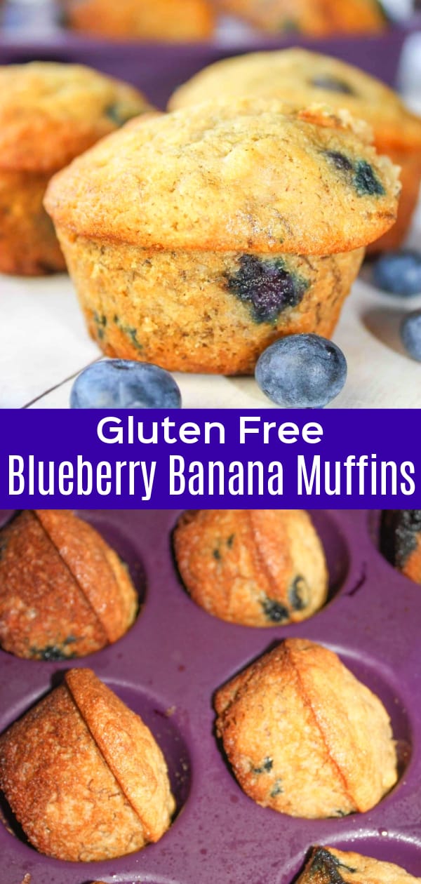 Gluten Free Blueberry Banana Muffins are a delicious snack made with fresh blueberries, ripe bananas and Bob's Red Mill gluten free flour.