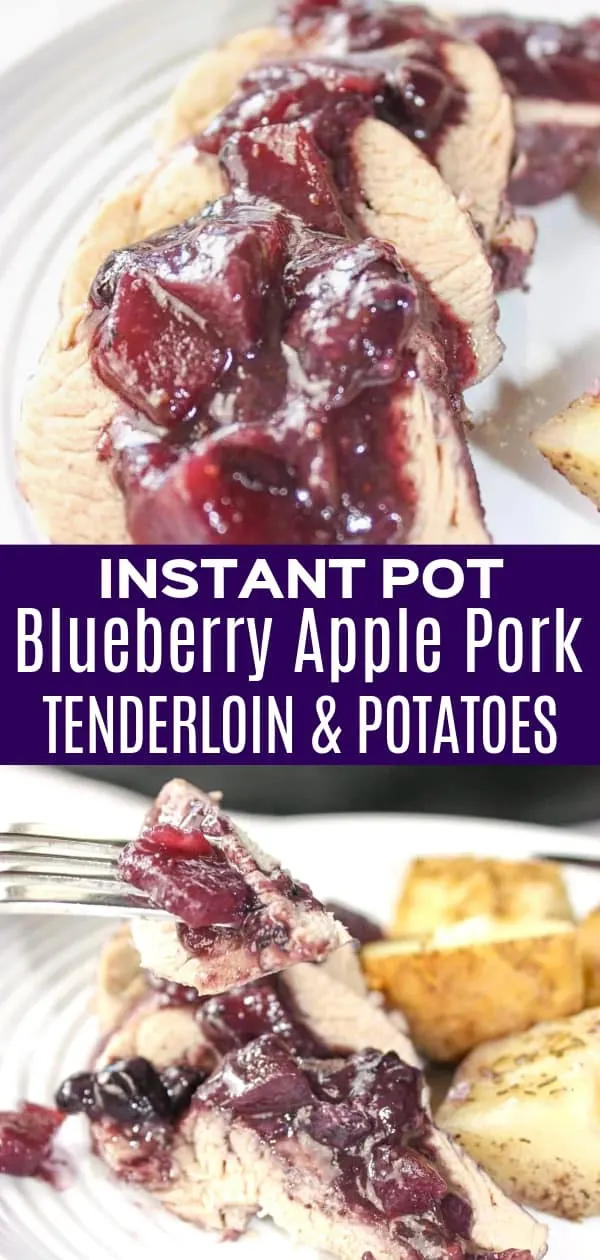 Instant Pot Blueberry Apple Pork Tenderloin and Potatoes is an easy gluten free dinner recipe. This pressure cooker pork tenderloin is cooked with fresh apples and blueberries to make a delicious sauce. Rosemary garlic potatoes are also prepared in the same Instant Pot.