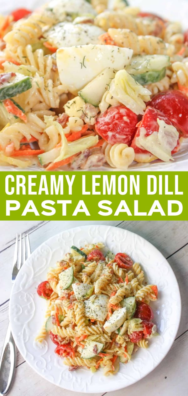 Creamy Lemon Dill Pasta Salad is a flavourful side dish for any occasion.  Loaded with gluten free pasta, vegetables, bacon and dried dill it is a tasty, colourful addition to any meal.