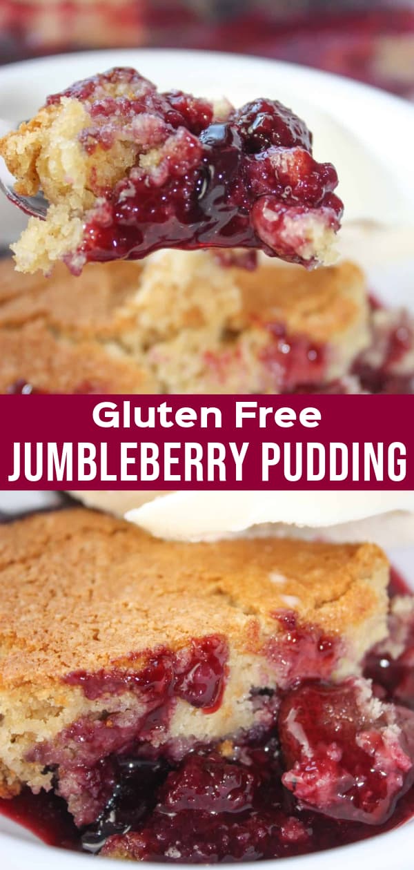 Jumbleberry Pudding is a delicious blend of seasonal fruits crowned with a cake like topping.  This gluten free pudding cake uses frozen berries and can be a fruity finish to a meal any time of the year.