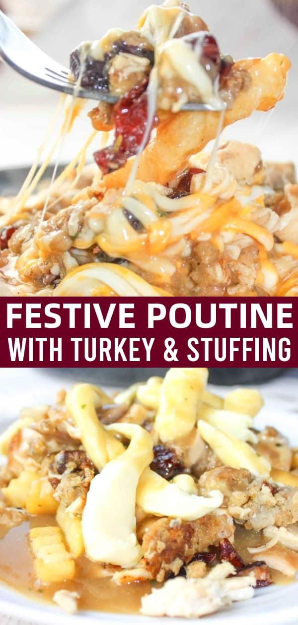 Festive Poutine is loaded with chopped turkey and gluten free Instant Pot Festive Stuffing from this site. This particular stuffing contains chopped pecans, bacon crumble and dried cranberries which add flavour and texture to this dish.