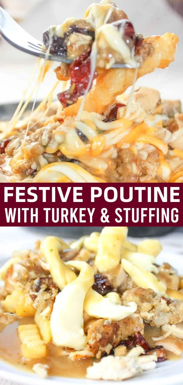 Festive Poutine is loaded with chopped turkey and gluten free Instant Pot Festive Stuffing from this site. This particular stuffing contains chopped pecans, bacon crumble and dried cranberries which add flavour and texture to this dish.