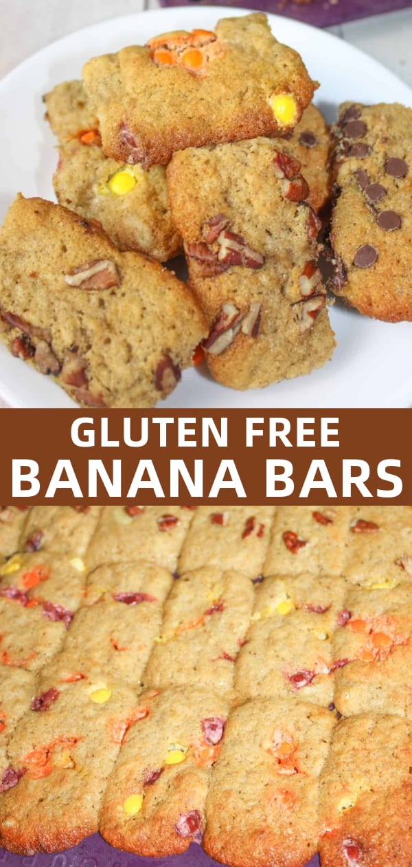Banana Bars are an easy to make gluten free dessert or snack. This muffin or loaf variation is the perfect size to pack in school lunches.