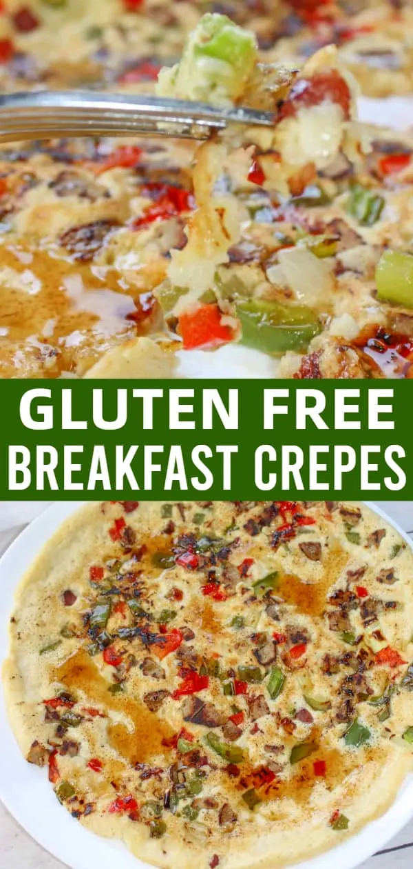 Gluten Free Breakfast Crepes are a delicious crepe recipe loaded with peppers, onions and sausage meat.