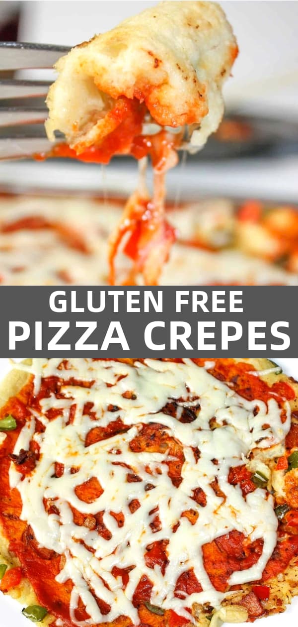 Gluten Free Pizza Crepes are an easy lunch or dinner recipe. These gluten free crepes are loaded with veggies, pepperoni, bacon and topped with pizza sauce and mozzarella cheese.