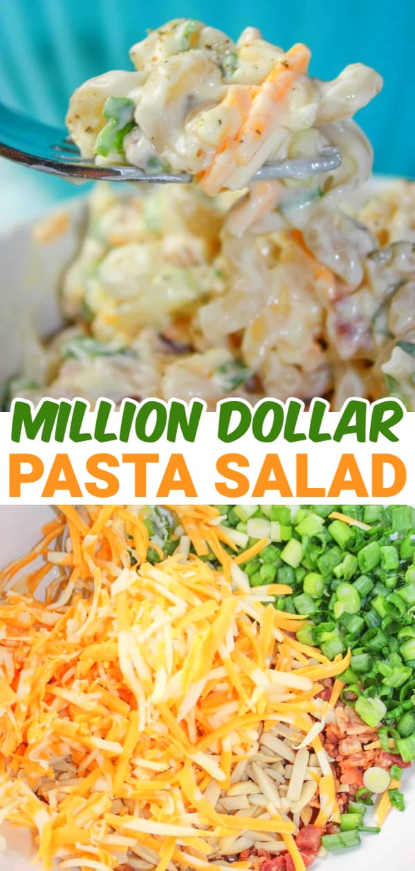 Million Dollar Pasta Salad takes a popular dip recipe and turns it into a delicious, gluten free pasta salad. This creamy pasta salad is loaded with shredded cheese, green onions, bacon and slivered almonds.