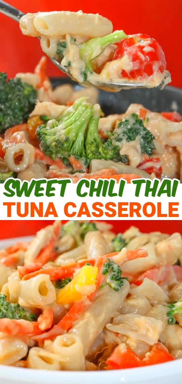 Sweet Chili Thai Tuna Casserole is an easy stove top dinner recipe. This gluten free pasta dish is loaded with tuna and vegetables to provide a hearty meal for the whole family.