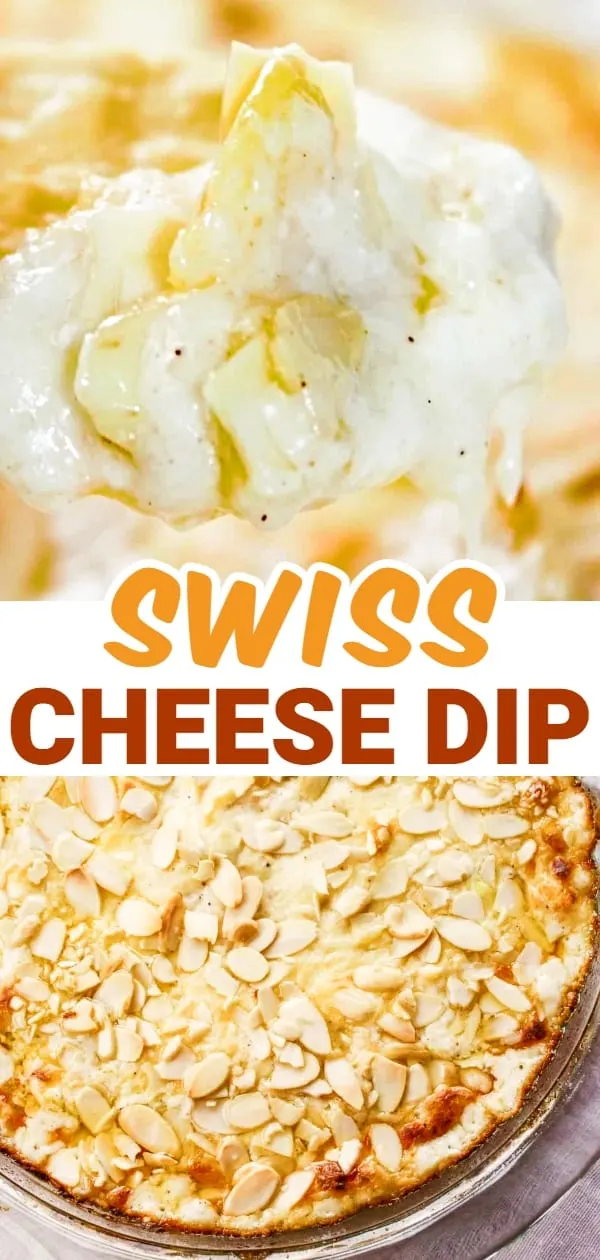 Swiss Cheese Dip is a dairy reduced cheese dip recipe made with swiss cheese and dairy free cream cheese. This hot cheese dip is topped with sliced almonds.