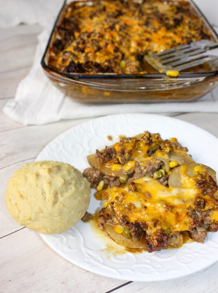 Ground Beef Casserole is a layered dinner recipe that is loaded with potatoes, vegetables and beef.  The gluten free sauce or gravy not only adds moisture but flavour as well.