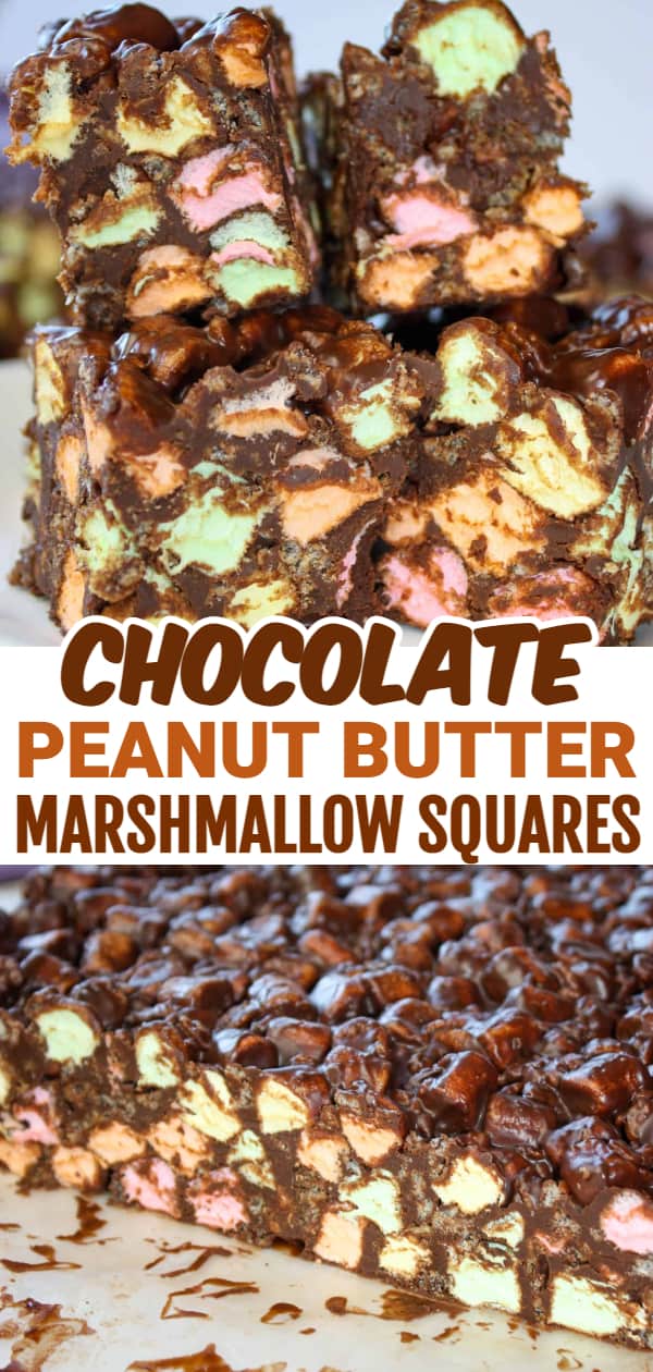 Chocolate Peanut Butter Marshmallow Squares are an easy and delicious dessert recipe made with peanut butter, chocolate chips and loaded with colourful mini marshmallows.