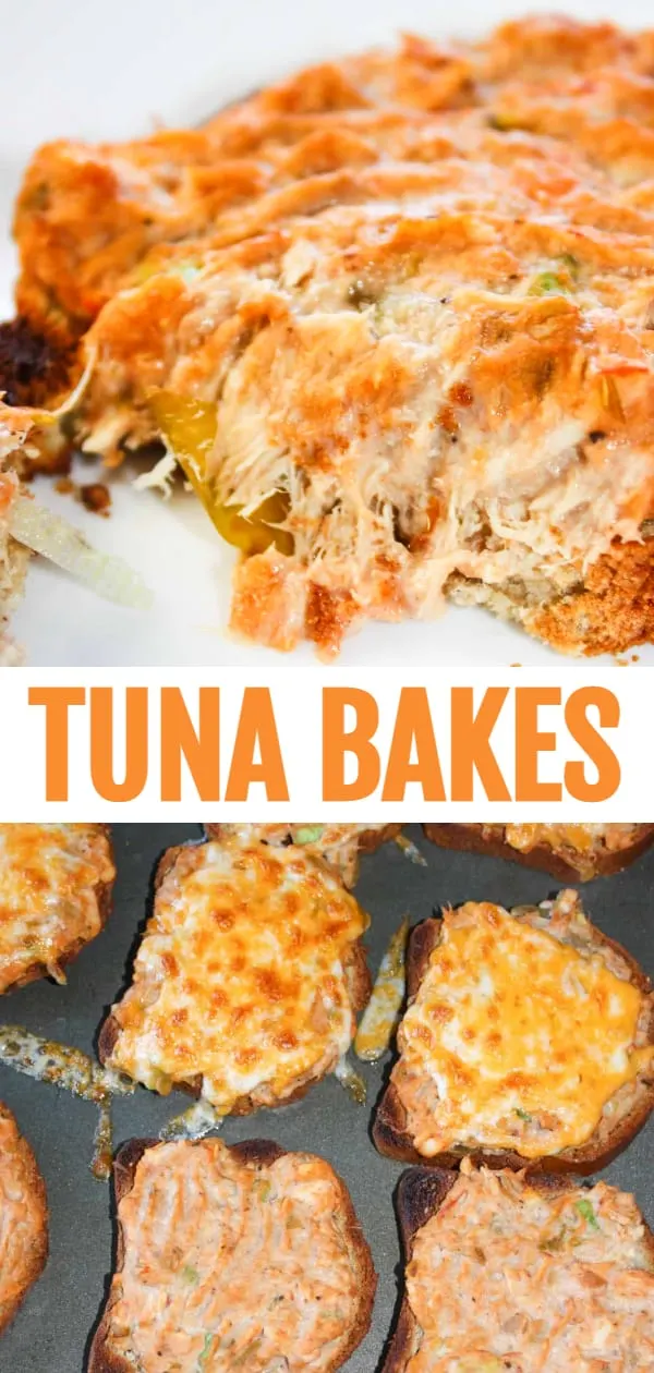 Tuna Bakes are an easy lunch or dinner recipe using canned tuna. A creamy tuna and Miracle Whip mixture is baked on slices of bread. Add cheese to make tuna melts.