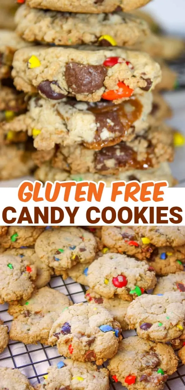 Candy cookies are a nice crunchy cookie base loaded with oatmeal, M & M candies and chewy Turtles chocolates.  This gluten free dessert, or snack, is sure to be a hit in your home.