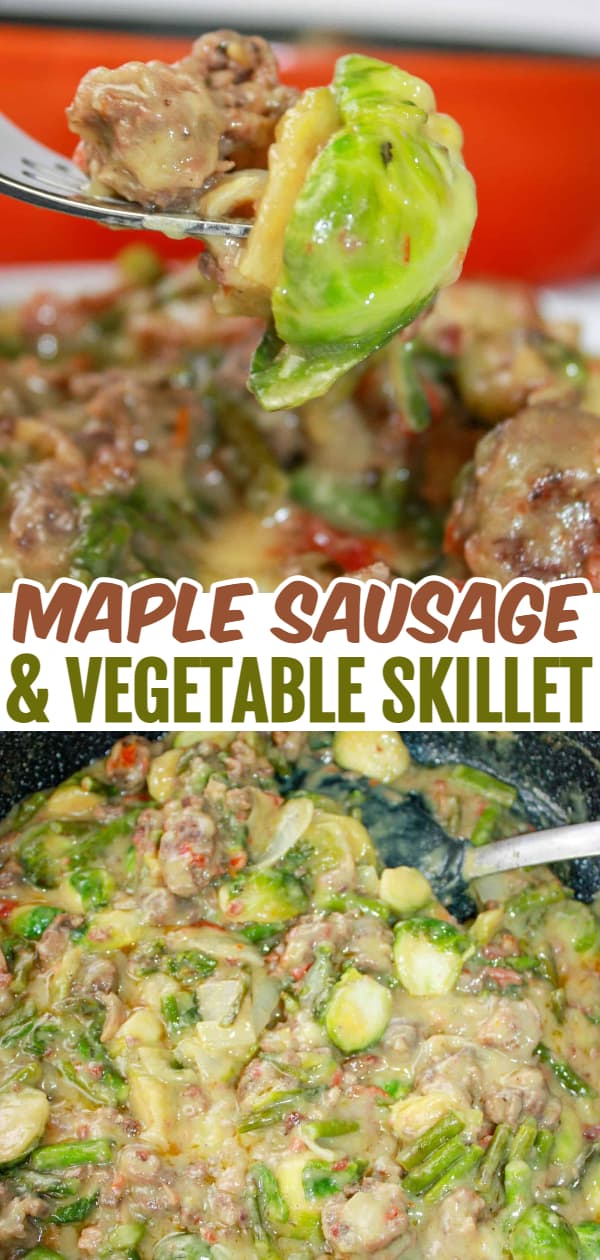 Creamy Maple Sausage & Vegetable Skillet Dinner is a colourful meal option that incorporates a variety of vegetables smothered in a delectable sauce.  