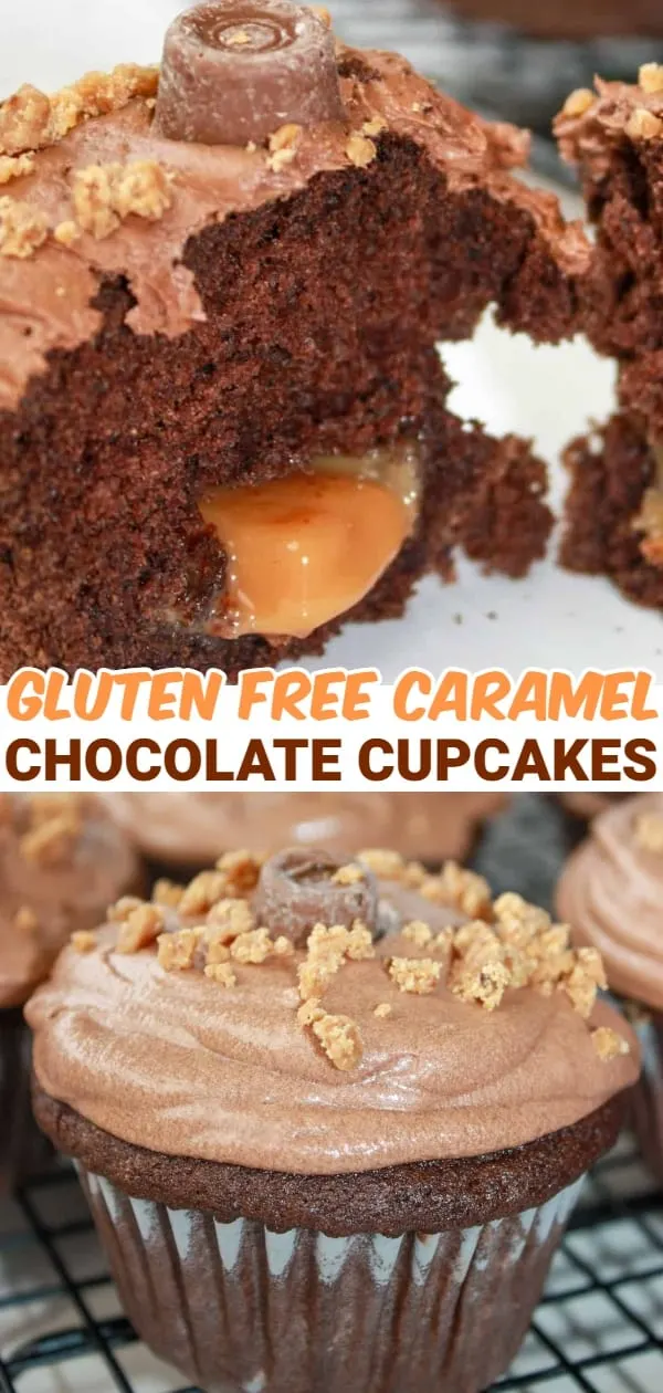 Chocolate Caramel Cupcakes make a light, moist dessert or snack.  This easy, gluten free recipe uses Rollo Candies and Kraft Caramels to create a decadent chocolate caramel treat.