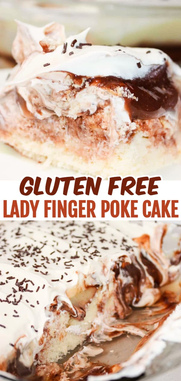 Lady Finger Poke Cake is a delicious gluten free dessert recipe with layers of lady finger biscuits, cake mix, chocolate pudding and Cool Whip.