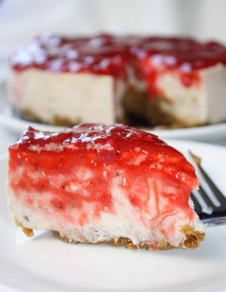 Instant Pot Strawberry Rhubarb Cheesecake is a delightful, decadent dessert using seasonal ingredients.