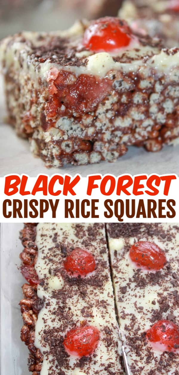 Black Forest Crispy Rice Squares are an easy no bake dessert recipe.  This dressed up version of Rice Krispie Squares is loaded with chocolate and cherries that make it pleasing to the eye as well as the taste buds.
