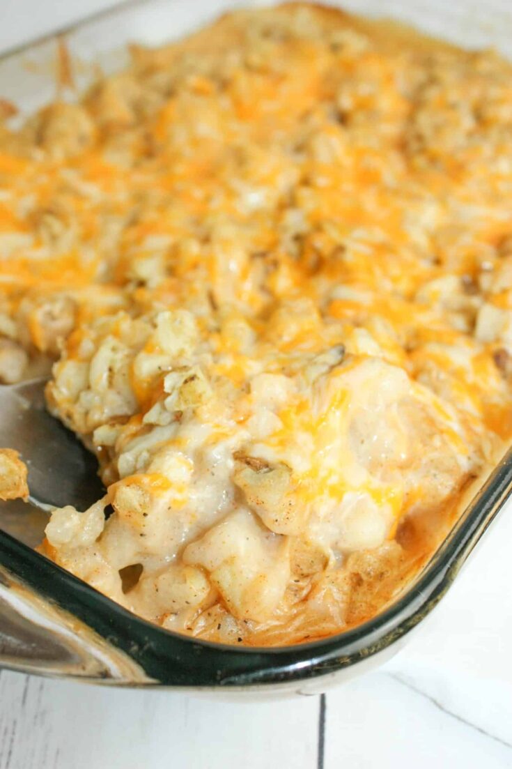 Hash Brown Casserole is an easy side dish that uses very few ingredients.  This dairy reduced recipe uses almond milk and gluten free flour as a thickener to create a gluten free version of the traditional 3 Ingredient Hash Brown Casserole.
