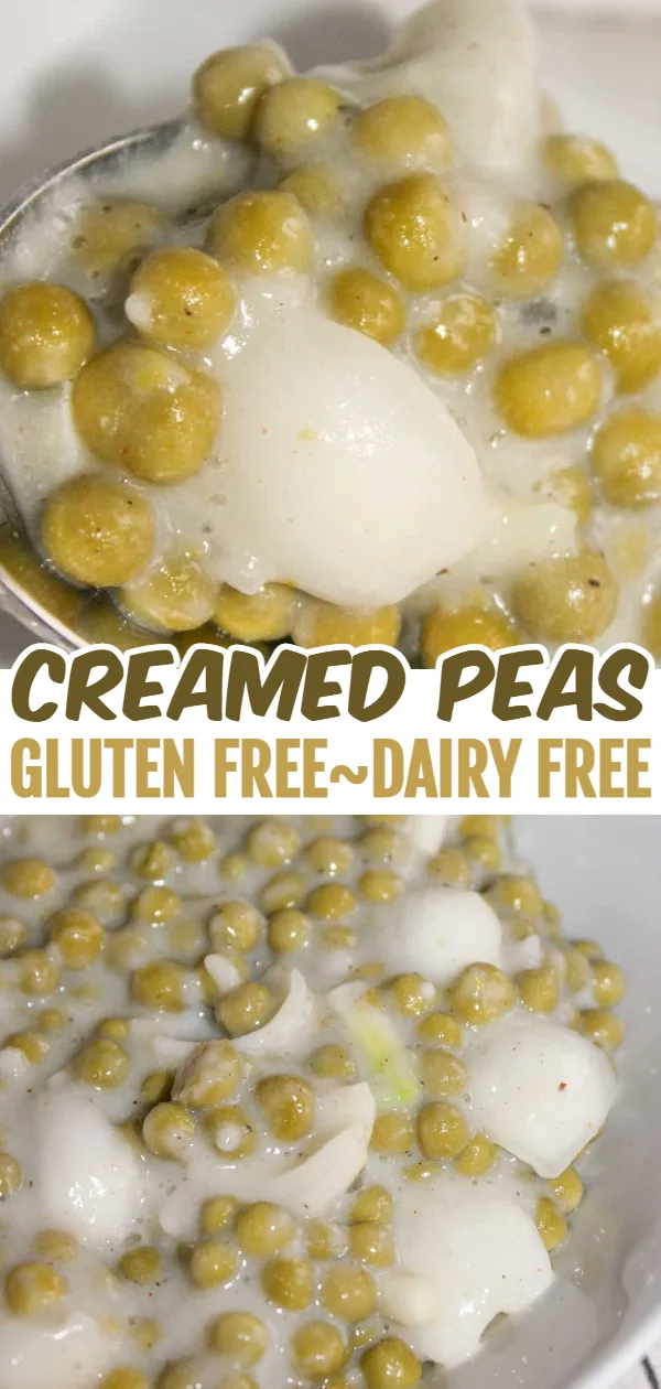 Creamed Peas is a quick side dish that can easily be whipped up on a busy week night.  This dairy free version also uses gluten free flour as a thickener.