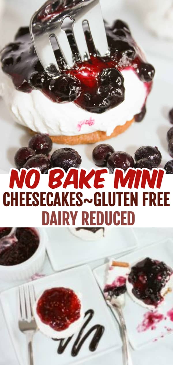 No Bake Mini Cheesecakes are a light and delicious dessert that can be topped off to suit your own tastes.  You won't believe it contains very little dairy and is gluten free!