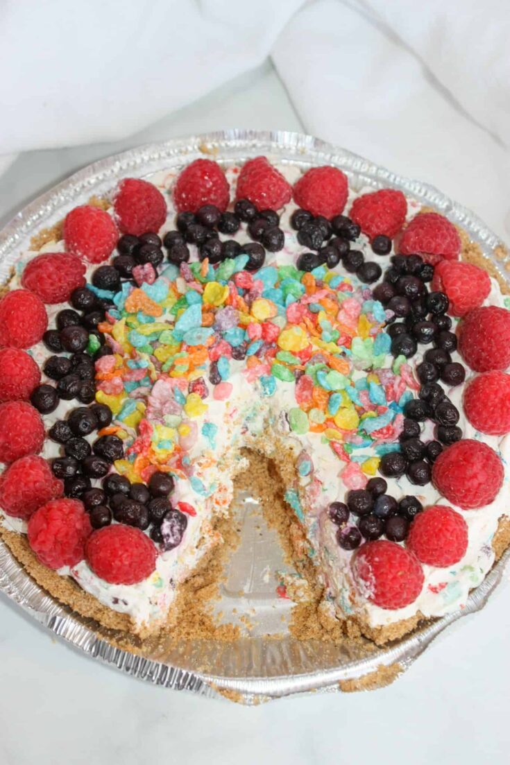 No Bake Fruity Pebbles Cheesecake is a colourful, delicious dessert option.  This gluten free, dairy reduced version is loaded with flavour as well as being pleasing to the eye.