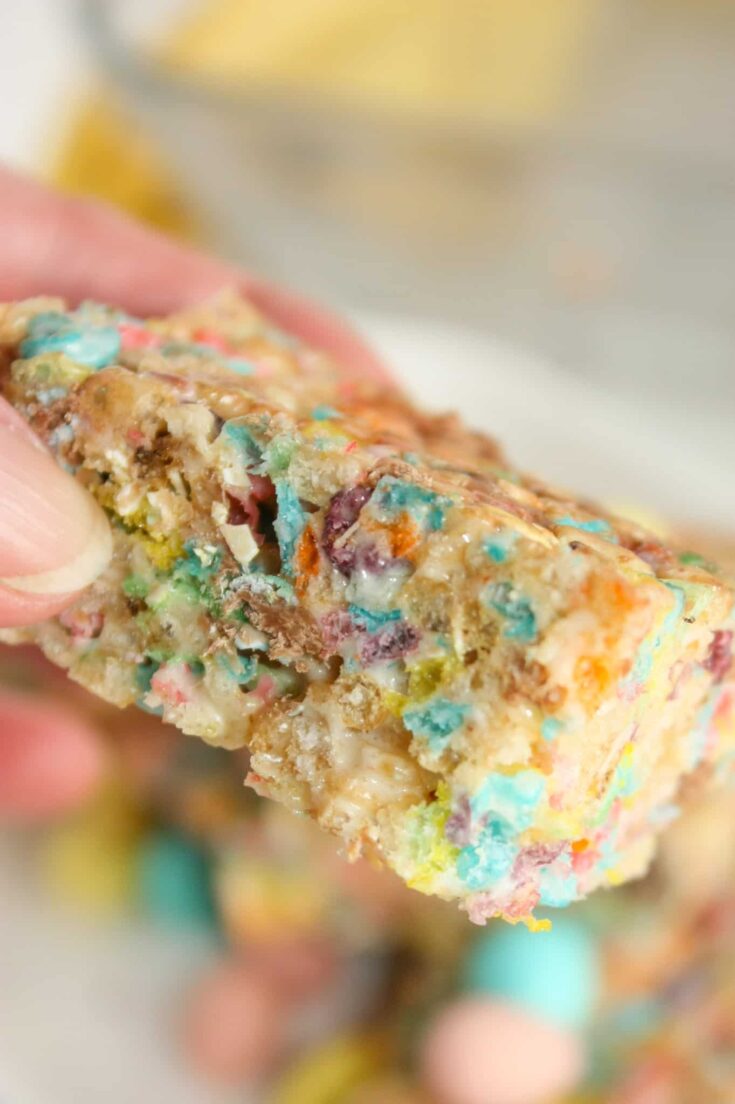 Fruity Pebbles Rice Crispy Treats are a delicious and colourful cereal square that can brighten up any dessert tray.