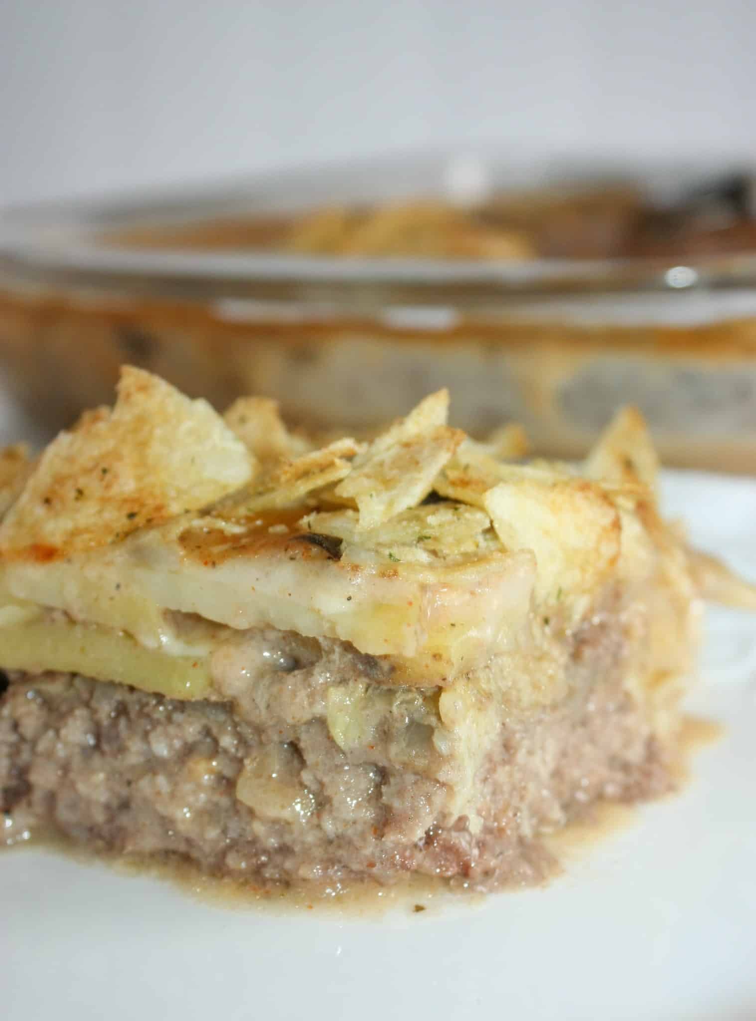 Hobo Casserole is a layered dinner recipe that is loaded with potatoes,beef and potato chips.  The gluten free sauce not only adds moisture but flavour as well.