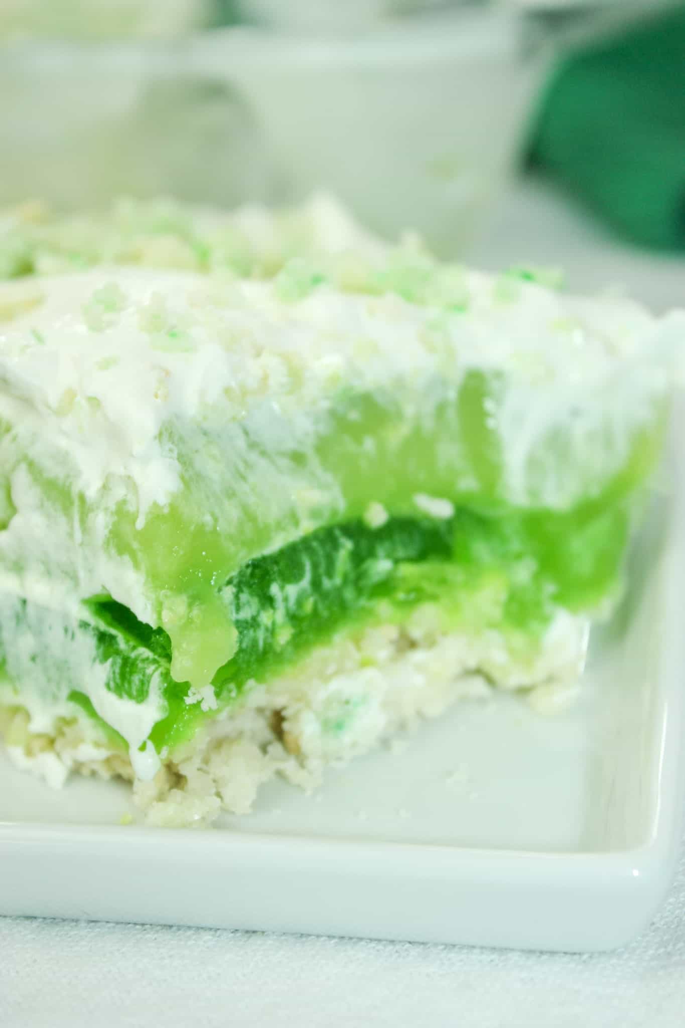 Layered Lime Dessert Squares are a nice light dessert option.  The layers of green make it the perfect choice for a St. Patrick's Day celebration.