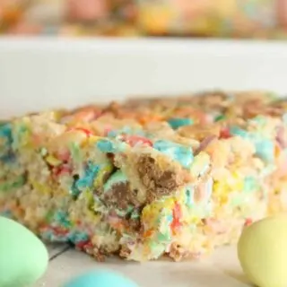 Fruity Pebbles Rice Crispy Treats are a delicious and colourful cereal square that can brighten up any dessert tray.