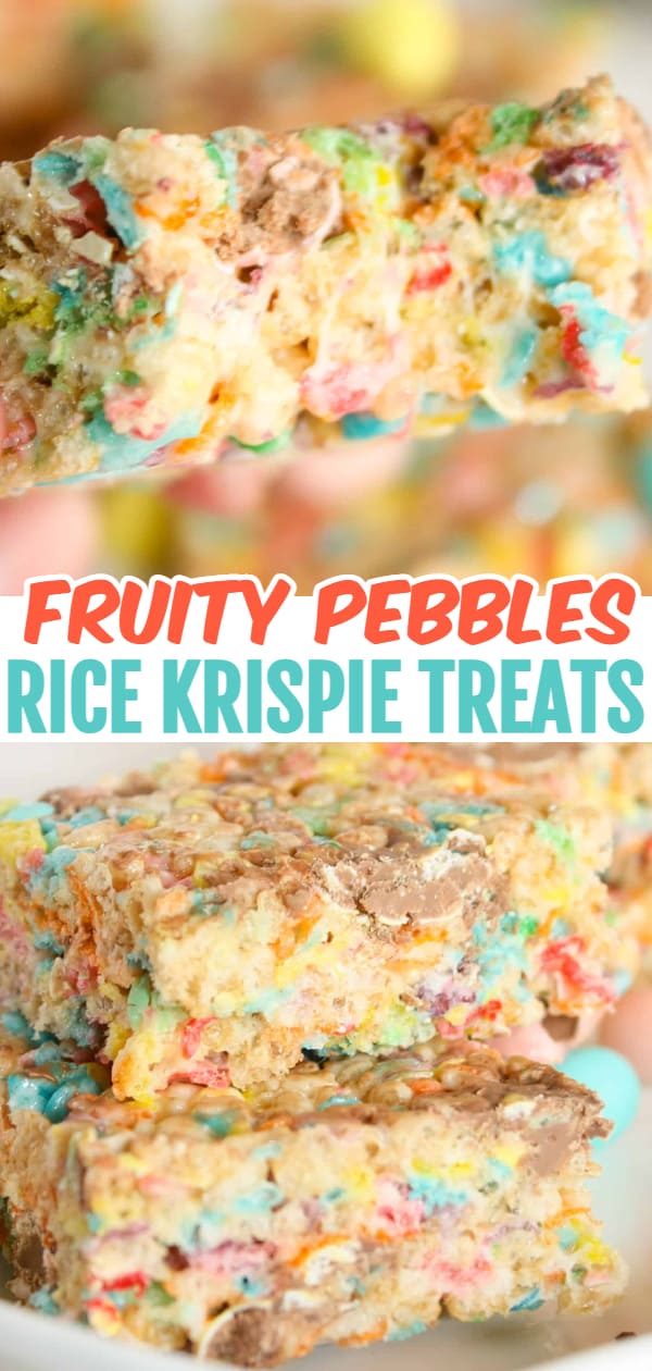 Fruity Pebbles Rice Krispie Treats are a delicious and colourful marshmallow cereal square that can brighten up any dessert tray.