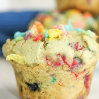 Fruity Pebbles Muffins is a great recipe to use when you want to have some breakfast on the run.  This gluten free cereal muffin is loaded with colour and flavour.