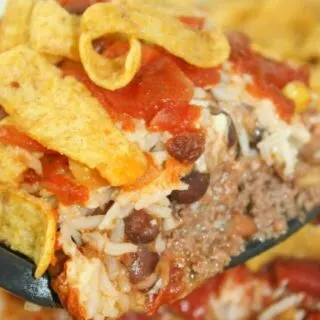 Another tasty variation of Hobo Casserole, is a spice upped version called Hobo Casserole Mexican Style. Loaded with ground beef, beans, rice, cheese and salsa it is a complete meal in one pan!