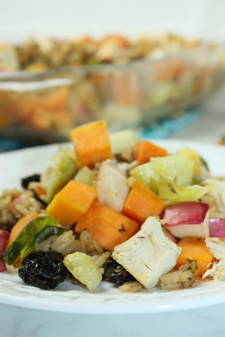 Harvest Chicken Casserole is a delicious and colourful one dish meal.  This gluten free dinner recipe is loaded with flavour and seasonal favourites.
