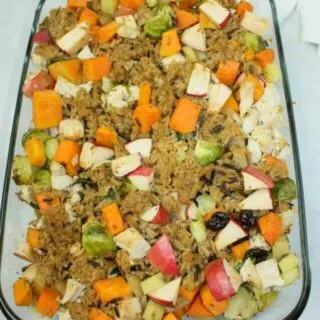 Harvest Chicken Casserole is a delicious and colourful one dish meal.  This gluten free dinner recipe is loaded with flavour and seasonal favourites.
