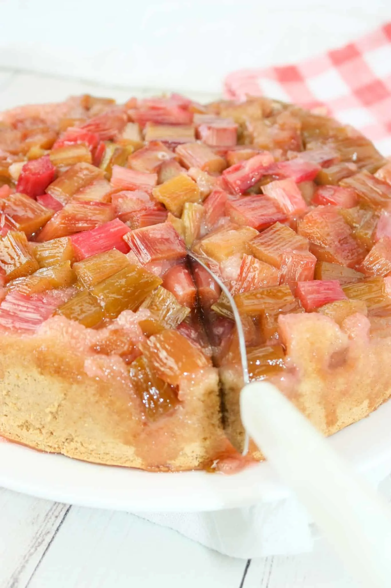 Rhubarb Upside Down Cake is a delicious and easy way to use up that seasonal vegetable that we treat more like a fruit!  This gluten free cake is a moist and flavourful dessert for all to enjoy.