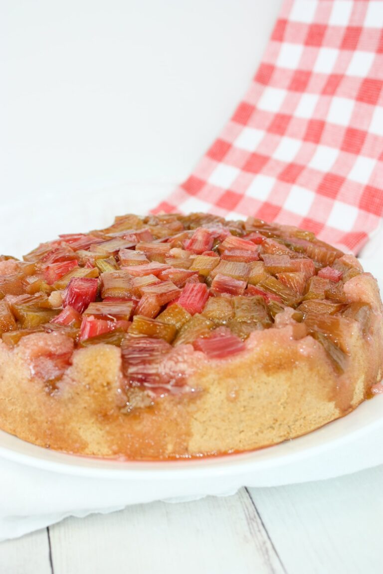 Rhubarb Upside Down Cake is a delicious and easy way to use up that seasonal vegetable that we treat more like a fruit!  This gluten free cake is a moist and flavourful dessert for all to enjoy.