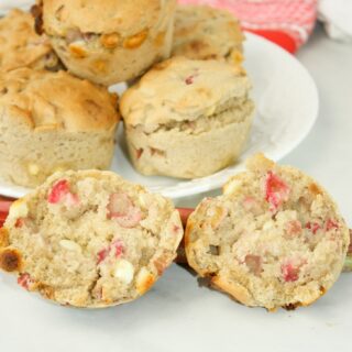 Air Fryer Rhubarb Muffins are a moist, tasty snack loaded with seasonal Rhubarb.  These gluten free muffins are great on their own or pair them with your favourite beverage.