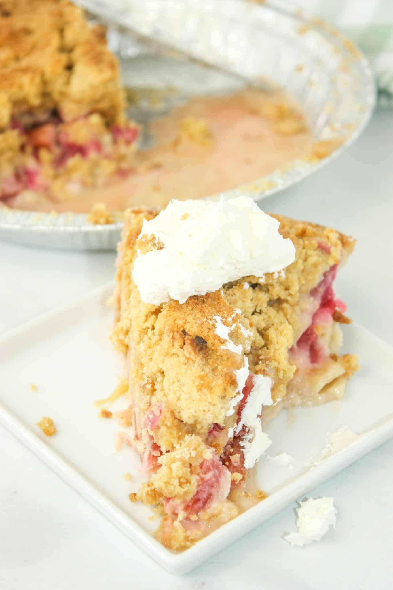 Rhubarb Crumble Pie is a blend of sweet and slightly tart flavouring.  I look forward to this tasty dessert every year when this spring vegetable is harvested from the garden.