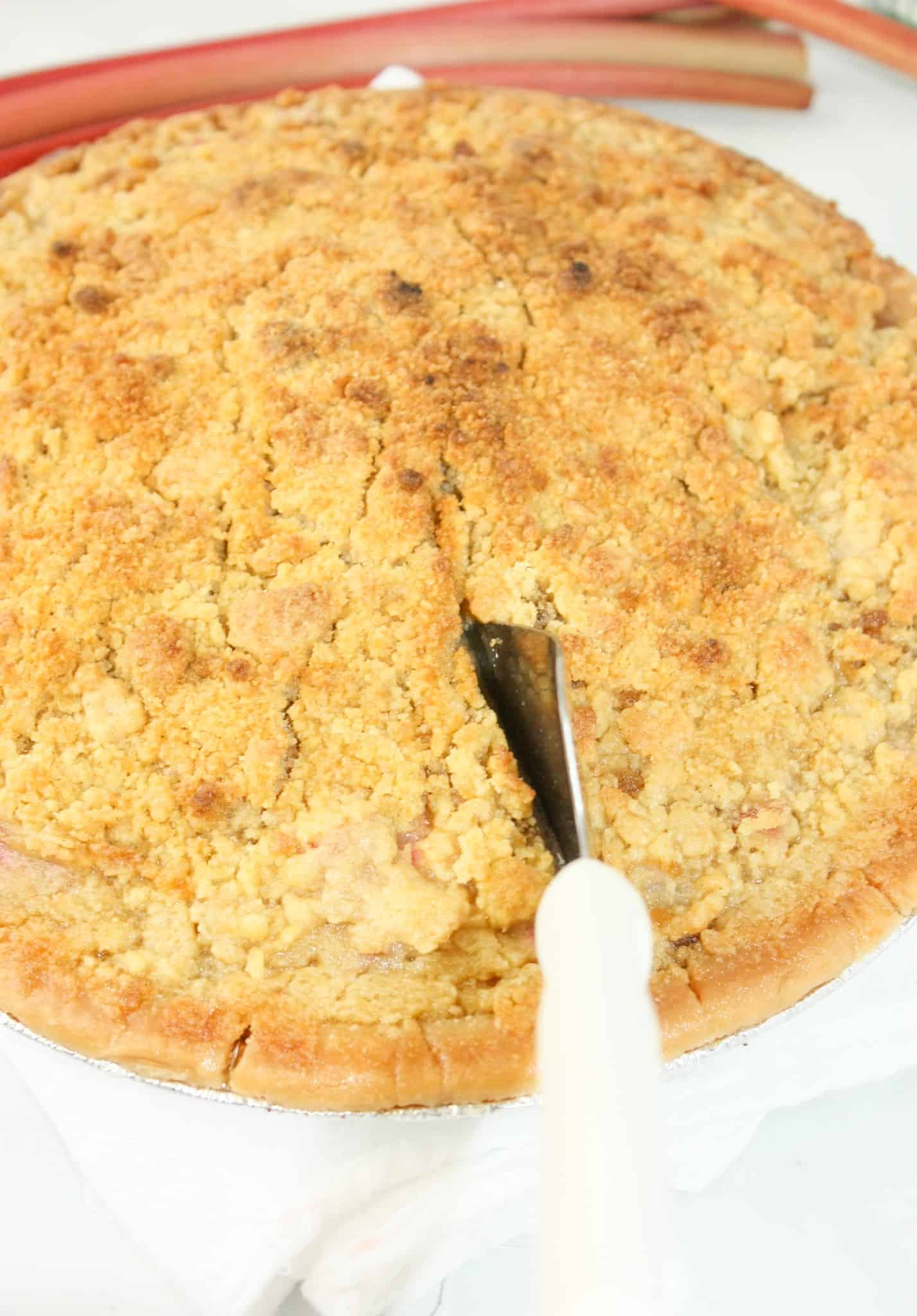 Rhubarb Crumble Pie is a blend of sweet and slightly tart flavouring.  I look forward to this tasty dessert every year when this spring vegetable is harvested from the garden.