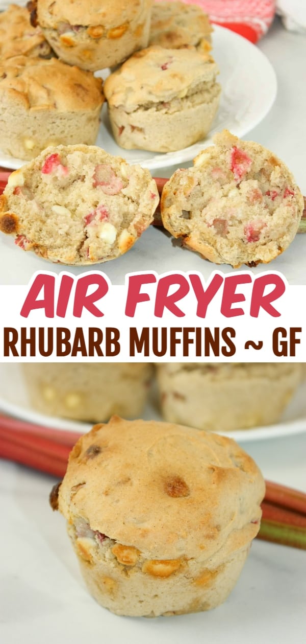 Air Fryer Rhubarb Muffins are a moist, tasty snack loaded with seasonal Rhubarb.  These gluten free muffins are great on their own or pair them with your favourite beverage.