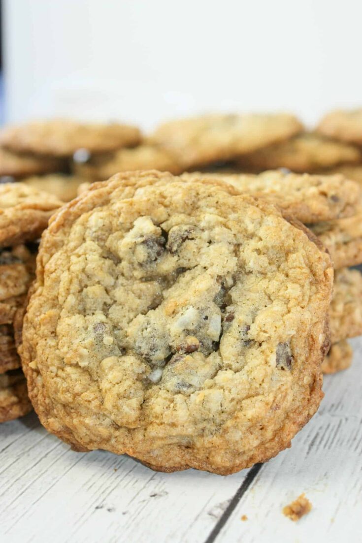 Gluten Free Cowboy Cookies are loaded with flavour.  These large cookies use gluten free oats, coconut, pecans and a hint of cinnamon to create a chewy, flavourful snack.
