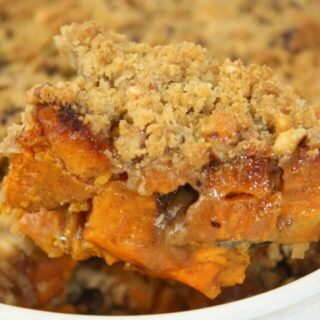 Sweet Potato is a versatile side dish.  This Sweet Potato Casserole with Walnuts boosts the flavour with a crunchy topping loaded with brown sugar, nuts and a touch of cinnamon.  