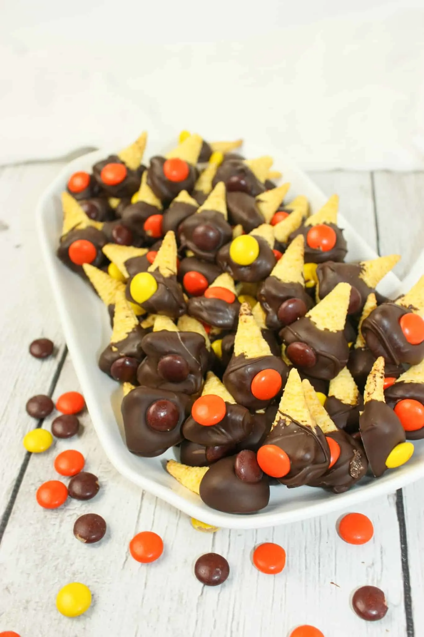 Chocolate Dipped Bugles are a simple but very tasty treat.  Make sure your bugles are gluten free and enjoy this chocolate, peanut butter snack any time of the year.  