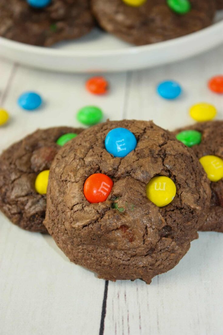 M&M Brownie Cookies are a decadent treat.  These fudgy cookies are loaded with M&Ms and chocolate chips.  They make a great chewy, flavourful snack.