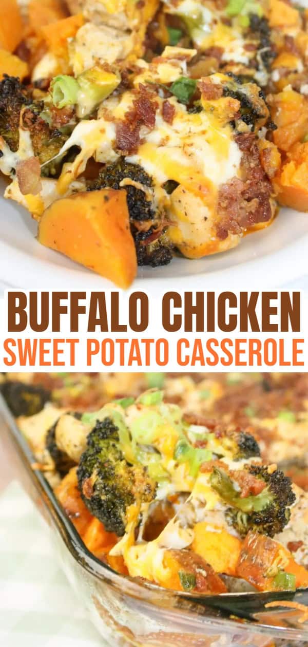 Buffalo Chicken Sweet Potato Casserole is a delicious and colourful one dish meal.  This gluten free dinner recipe is loaded with flavour and packs a bit of a punch thanks to the hot sauce.